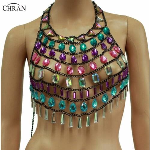 Chran Sequin Mesh Chain Bralette Body Harness Sexy Bikini Carnival Burning Man Chainmail Bra Top Beach Jewelry