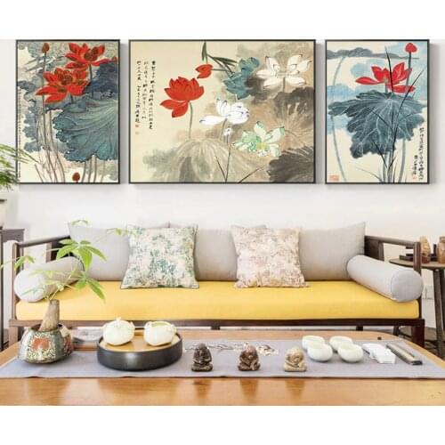 EECAMAIL 5D Lotus Diamond Painting DIY Full Diamond Embroidery Chinese Style Lotus Triptych Diamond Painting Home Decora NoFrame