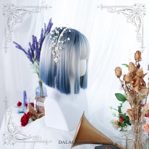 Gradient Blue Grey Lolita Wig Gothic Harajuku Fairy Cosplay Bangs Short Straight BOBO Sweet Fringe Adult Girls Hair