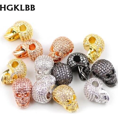 HGKLBB White Zircon Skull Copper Spacer beads Micro Pave CZ Crystal charms Loose beads Jewelry making Pendant bracelet DIY