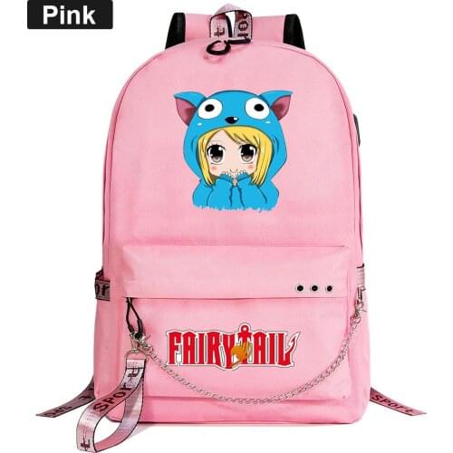 Hot Anime Fairy Tail Prints Boys Girls Kids School Book Bags Women USB Chain Backpack Canvas Men Laptop Bagpack Packsack