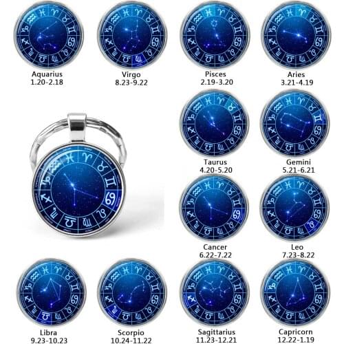 Blue Virgo Taurus Scorpio Zodiac Sign Pendant Silver Plated Glass Constellations Keychains Key Rings Chains Women Birthday Gift