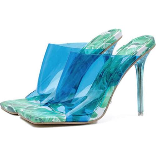 Blue PVC Jelly Slippers Ladies Square Toe High Heels Crystal Shoes Summer Fashion Transparent Gladiator Slides Women Mules Party