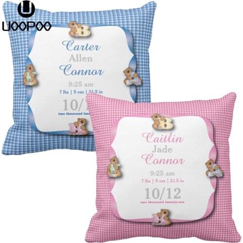 Custom Kids Cushion Cover Cute Baby Pink Blue and White Plaid with Bears Cushion Cover Square Polyester Children Pillow Case