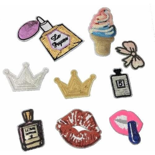 9 Kinds Iron on Patches for Clothes Sequins Ice Cream Crown Lips Bow Perfume Bottle Patches Sewing Stickers DIY Accessories