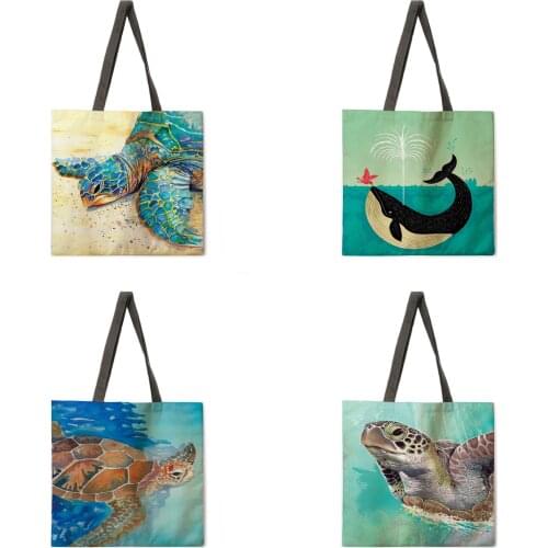 Turtle linen fabric casual tote bag foldable shopping bag reusable beach bag ladies shoulder bag