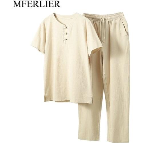 MFERLIER Summer men shirt 5XL 6XL 7XL 8XL 9XL 10XL Bust 157cm plus size linen large size shirt with pants men 5 colors