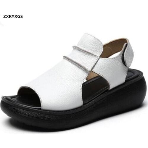 Promotion Top Cowhide Beach Rome Sandals Summer Shoes Women Leather Sandals 2020 New Thick Bottom Casual Shoes Wedge Sandals