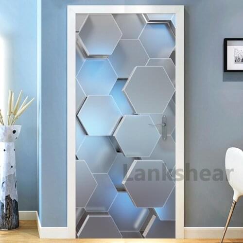 Modern 3D Stereo Geometric Door Mural PVC Self-Adhesive Waterproof Wall Sticker Living Room Creative Decor Door Stickers Poster