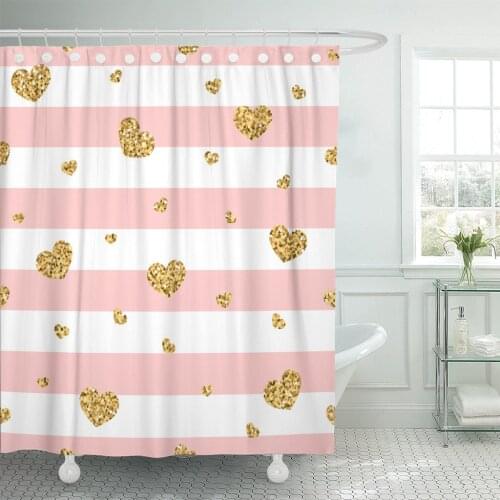 Chevron Golden Hearts Stripes and Pink Abstract Retro Valentine Shower Curtains Waterproof Polyester Fabric 60 x 72 inches
