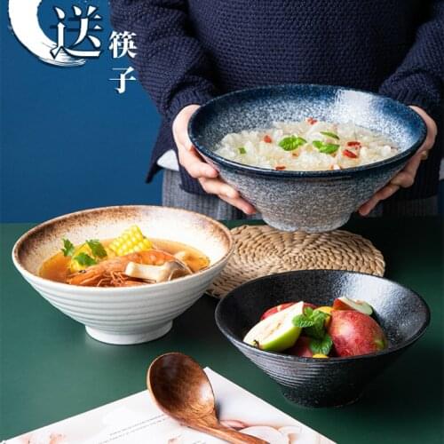 Japanese Ramen Bowl Ceramic Noodle Bowl Bamboo Hat Ceramic Bowl Household Large Ramen Rice Soup Bowl Retro Bowl Tableware Set