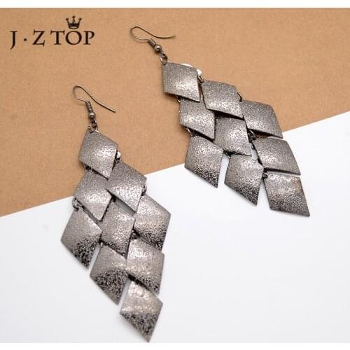 JZTOP Fashion Metal Geometry Square Long Drop Earrings Multilayer Rhombus Tassel Dangle Earrings Women Wedding Brinco Jewelry