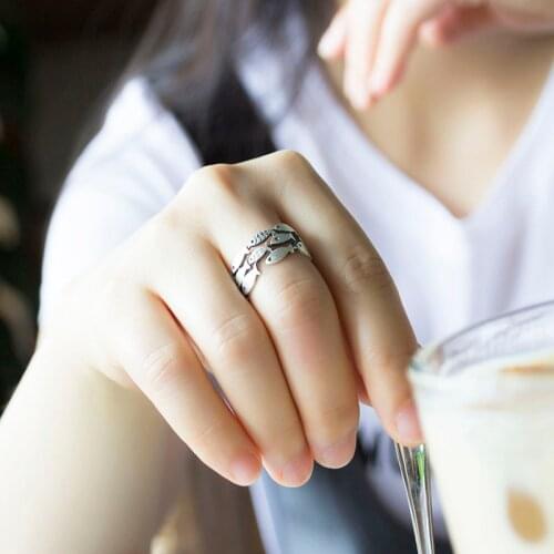 Retro Style 925 Sterling Silver Leaves Open Rings For Women Vintage Jewelry Accessories Fish Ring