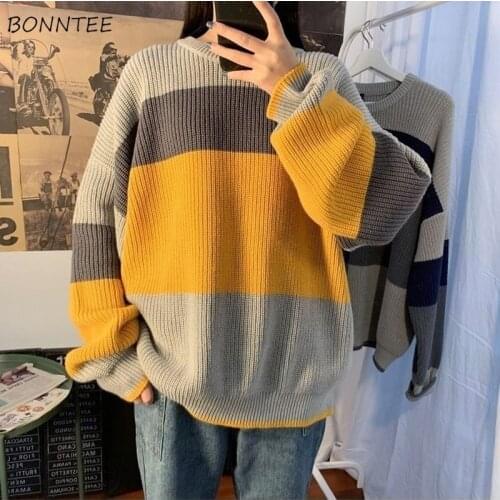 Women Pullovers Autumn New Fashion Patchwork Loose Knitting Sweaters Couple Oversize Womens Chic All-match Leisure Bf Stylish