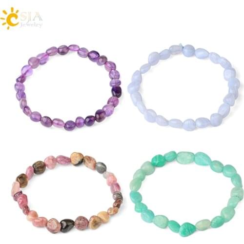 CSJA Irregular Natural Stone Bracelet for Women Chip Gravel Bracelets Purple Crystal Colorful Tourmaline Blessing Jewelry G808