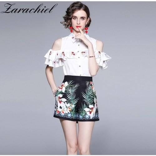 Runway Summer Off Shoulder 2 Two Piece Set Butterfly Sleeve Ruffles White Shirt Top + Flower Print Pocket Green Shorts Outfits
