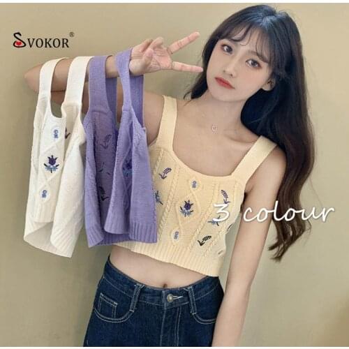 SVOKOR Vintage Tank Top Women Knitted Summer Cropped Base Knitted Vest Color Matching Short Crochet Top Women