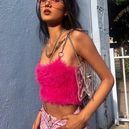 2021 Fashion Womens Summer Camis Tanks Tops Sleeveless Chain Strap Plush Sexy Slim Solid Rose Red Y2k Crop Top Club Ladies Camis