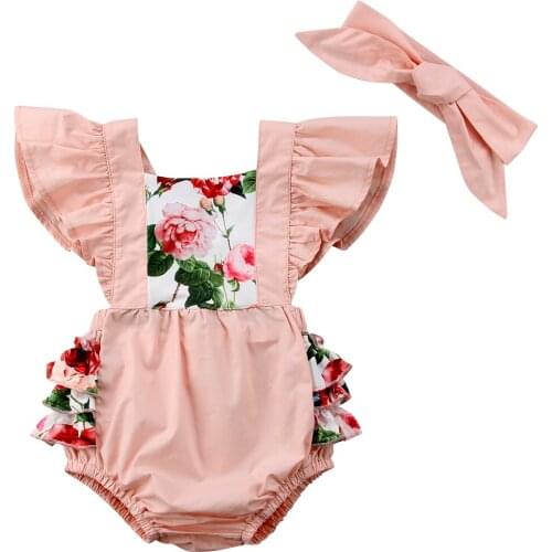 Toddler Newborn Baby Girl Bodysuit Sweet Floral Print Ruffles Sleeveless Backless Princess Bodysuit+Bowknot Headband Outfit Sets