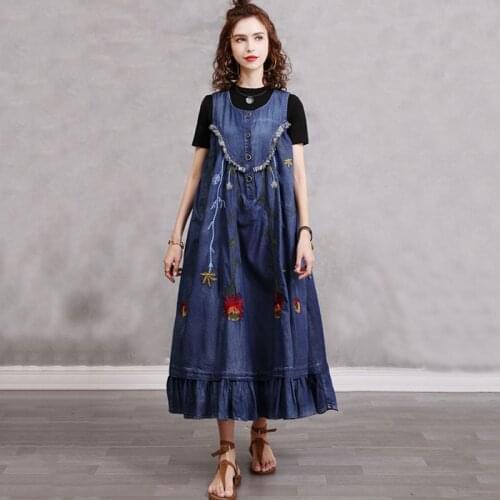 SeeBeautiful Vintage Embroidery Large Size A-line Denim Dress O Neck Sleeveless Button Stitching New Fashion 2021 Summer E945