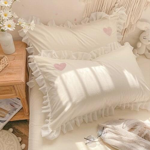Ins Cartoon Applique Embroidered Cotton Pillowcase for Girls Simple Envelope Type Lotus Leaf Lace Pillowcase Cushion Cover Decor