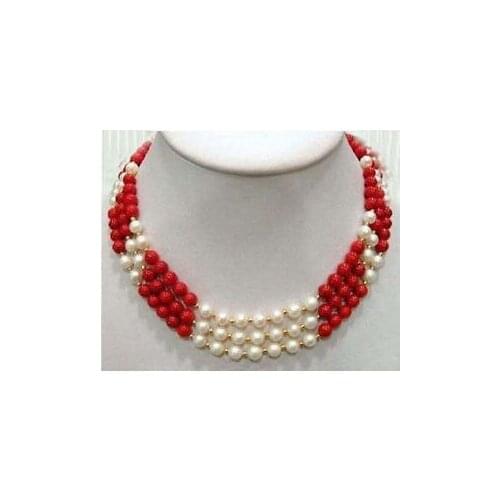 Beautiful 3 Rows Real White Pearl Red Coral 18KGP Clasp Necklace 17-19"