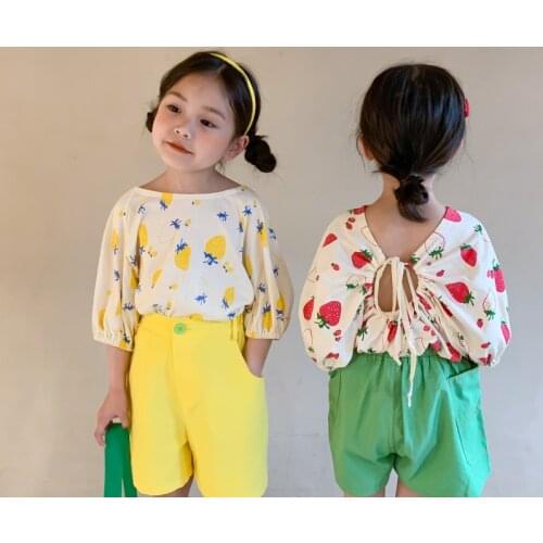 Summer strawberry printing backless loose Tees Girls cotton short sleeve casual T shirts