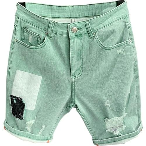 Men Hole Ripped Shorts Bermuda Green Denim Short Men Short 2021 Summer Cargo Jeans Short Men Casual Brand Classic Beach