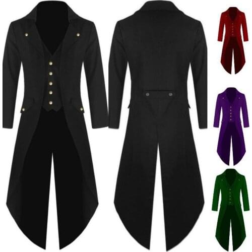 Men Gothic Steampunk Trench Jacket Coat Victorian Costume Black Tuxedo Fashion Tailcoat Frock Outfit Dovetail Uniform For Adult