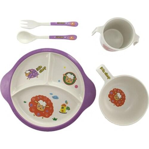 5 PCS/Set Baby Bamboo Fiber Tableware Set Cartoon Animals Plate Bowl Cup Fork Set Infant Toddler Kids Solid Feeding Utensils