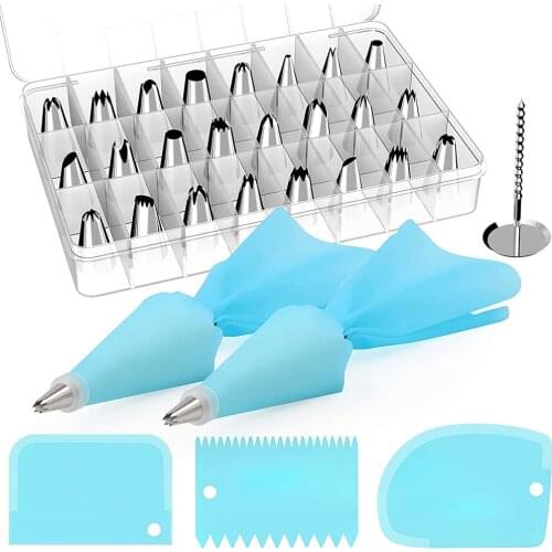 32 Stainless Stee Cake Piping Nozzles Tips Kits with 2 Reusable Pastry Bags+2 Coupler + 3 Plastic Scrapers and Storage Case