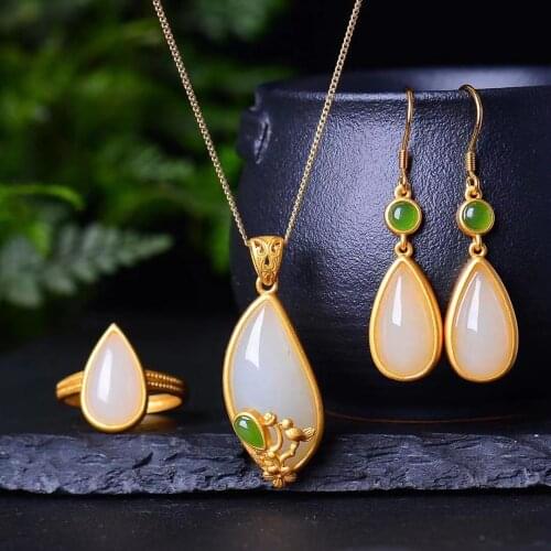 Natural 925 silver inlaid Hetian jade safe buckle earrings ring pendant necklace
