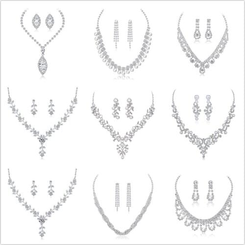 Luxury Silver Plated Water Drop Austrian Crystal Wedding Bridal Jewelry Sets Charm Necklace Earrings Set