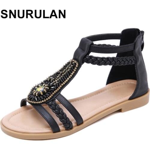 SNURULAN New Bohemia Summer Shoes for Women National Style Womens Sandals Flat Comfort Beach Shoes Fashion Roman Sandals Ladies