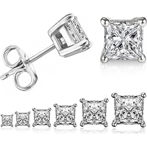 Sparkling Simple Fashion Jewelry 925 Sterling Silver&Gold Fill Princess Cut 5A Cubic Zirconia Four Claw Stud Earring For Women