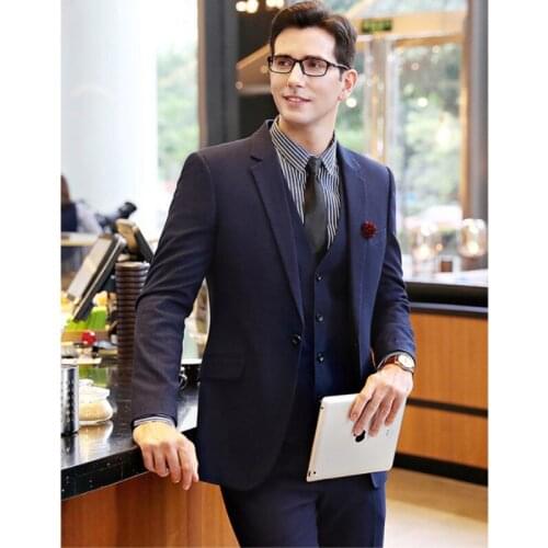 TPSAADE Mens Suits Jacket Vest Pants Suits Business Formal Wedding Party High Quality 3 Piece Suits Set Navy Blue sweater men