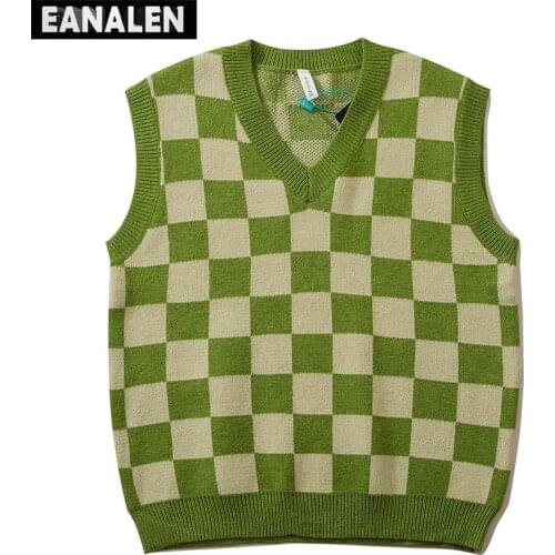 Harajuku vintage plaid knitted sweater vest women oversized sleeveless green sweater men Korean clothing jumper waistcoat