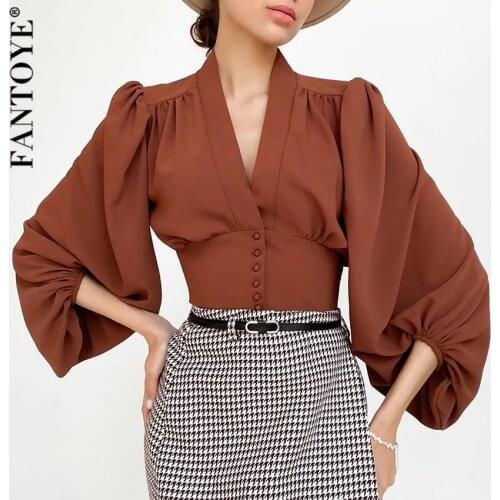 FANTOYE New Lantern Sleeve Women Bloust Top Female Vintage Elegant Franch Streetwear OL Style Spring Breasted White Shirt Blouse