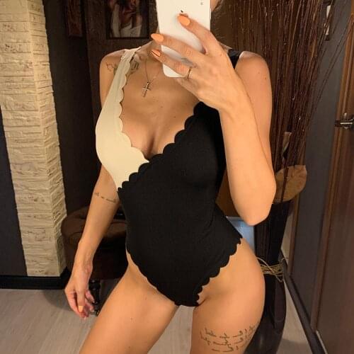 Female Ribbed Bather Bathing Suit Swim Lady 2021 Scalloped Black Beige Splicing High Cut One Piece Swimsuit Women Swimwear