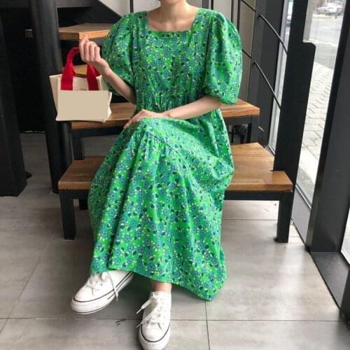 2021 Summer Dress Korean Women New Long Dress Short Sleeve Bubble Sleeve Dresses Print Loose Dresses Vintage Vestidos 15207