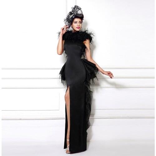 Vestido Longos De Festas 2018 Black Long Evening Rushed Feather High Side Slit Formal Gown Unique mother of the bride dresses