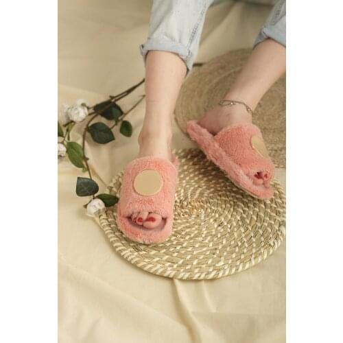 Winter Women Button Detailed Plush House Slippers Faux Fur Fashion Warm Shoes Female Flip Flops Bedroom Girls Warm Soft Indoor
