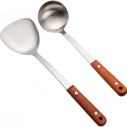 2 Pcs Cooking Utensils Set Cookware Sets Wooden Handle Cooking Tools Easy to clean Shovel Scoops Soup Spoon Kitchen Utensils