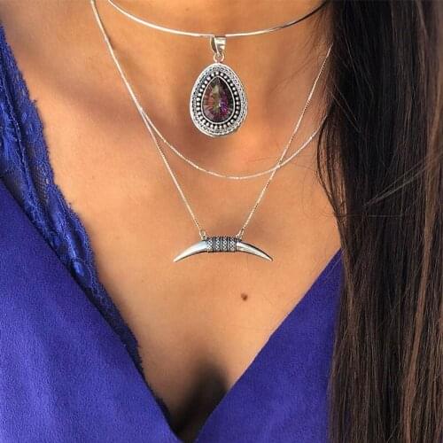 3 Pcs/Set Vintage Female Necklaces Set Multicolor Water Drop Carving Oval Moon Pendant Silver Color Necklace Charm Jewelry Gift