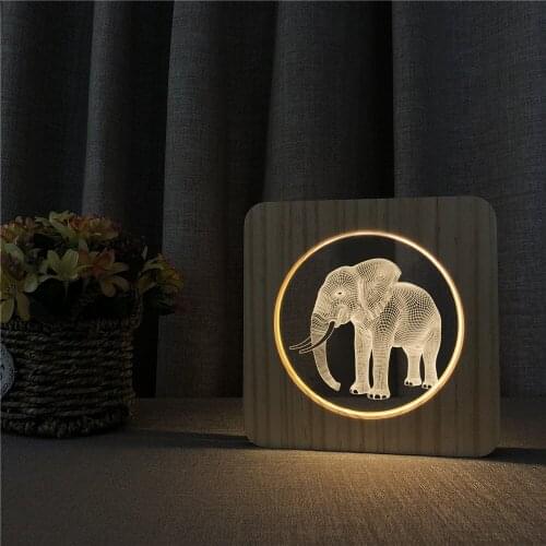 Elephant Animal 3D LED Arylic Wooden Night Lamp Table Light Switch Control Carving Lamp for Childrens Room Decorate Dropship