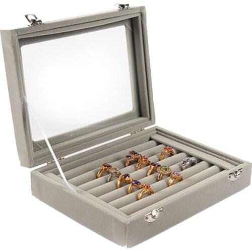 Mordoa 2018 Gray 8 Booths Velvet Carrying Case with Glass Cover Jewelry Ring Display Box Tray Holder Storage Box Organizer