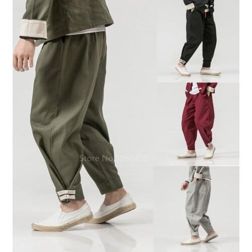 Asian Oriental Japanese Loose Harem Pants Men Harajuku Streetwear Chinese KimonoTrouser Bandage Haori Samura Ethnic Linen Pants