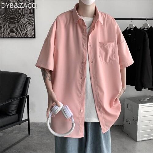DYB&ZACQ Men Summer Shirts New Summer 2021 Mens Fashion Clothing Trends Long Sleeve Shirt Pink Pocket Shirt 3XL