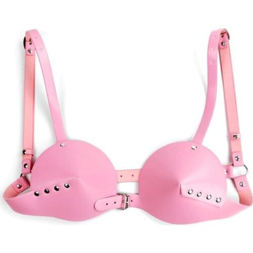 Gothic Harness Leather Bra Pink Full Cup Top Body Bondage Punk Lingerie Belt Cage Breast Sexy Adjustable Festival Pole Dance Bra