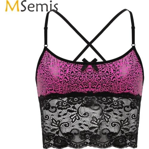 Mens Lingerie Leopard Printed Camisole Vest Adjustable Spaghetti Straps Cross Back Lace Spliced Crop Tops Nightwear Sleepwear